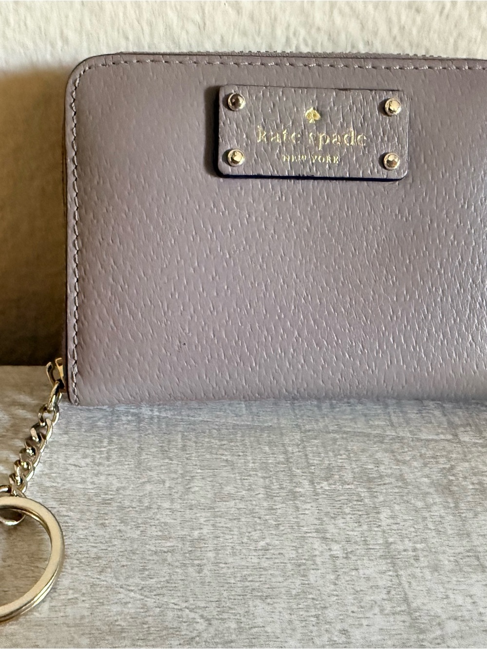 kate spade leather zip wallet in mauve taupe with gold hardware